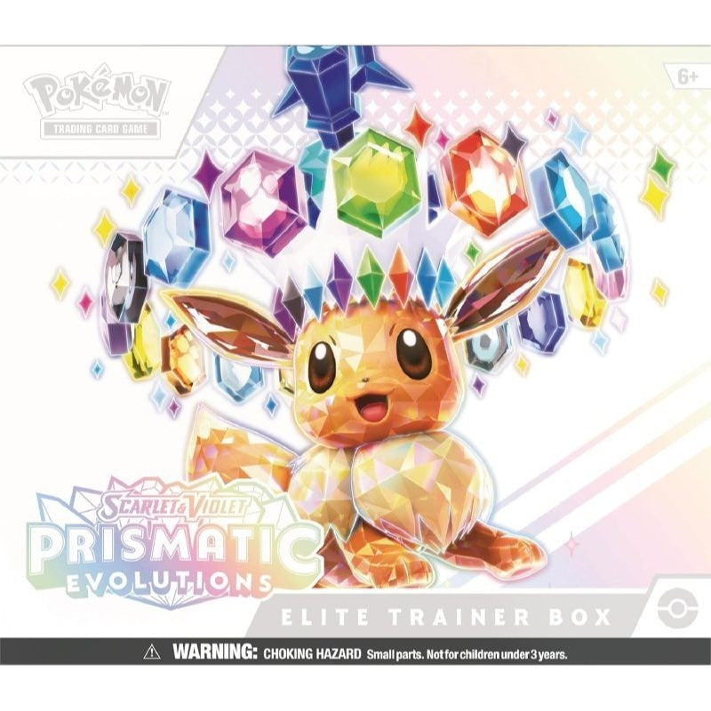 Coffret Dresseur d'élite JCC Pokémon Écarlate et Violet Évolutions Prismatiques - 9 boosters, carte promo Évoli, protège-cartes, cartes Énergie, dés et accessoires - Emballage défectueux/scellé endommagé en usine