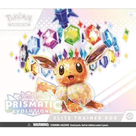Coffret Dresseur d'élite JCC Pokémon Écarlate et Violet Évolutions Prismatiques - 9 boosters, carte promo Évoli, protège-cartes, cartes Énergie, dés et accessoires - Emballage défectueux/scellé endommagé en usine