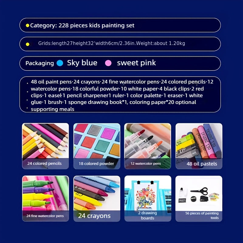 Set de 228 pièces pour activités artistiques pour enfants, kit de dessin et peinture de luxe avec pastels à l'huile, crayons de cire, feutres colorés et acryliques, pinceaux aquarelle et bloc à dessin, cadeau pour enfants