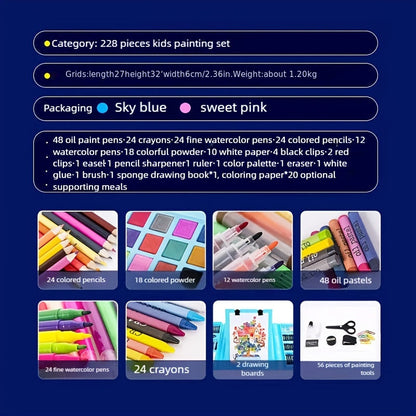 Set de 228 pièces pour activités artistiques pour enfants, kit de dessin et peinture de luxe avec pastels à l'huile, crayons de cire, feutres colorés et acryliques, pinceaux aquarelle et bloc à dessin, cadeau pour enfants