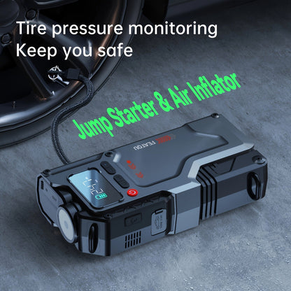 Démarreur portable 6000 A/9000 A avec compresseur d'air 150 PSI – Boîtier de démarrage 7-en-1 avec gonfleur de pneus numérique et batterie externe pour moteurs à essence (10 L) et diesel (9,0 L), démarreur de voiture avec ports USB
