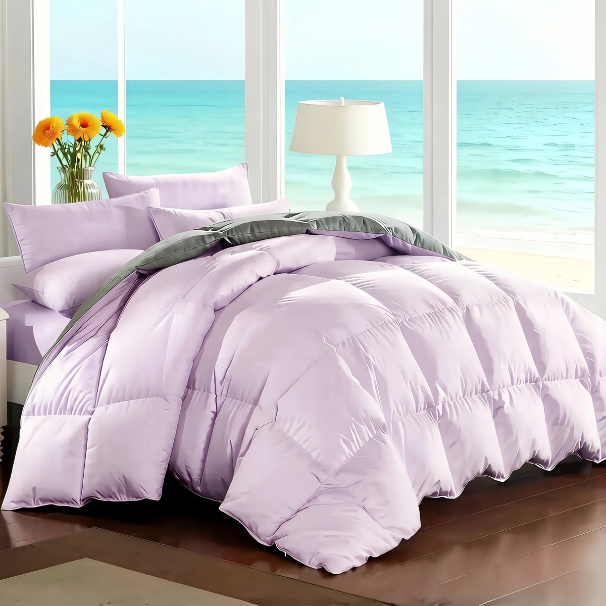 Ensemble de literie 7 pièces pour lit Queen/King – Parure de lit en microfibre douce à plis pincés, comprenant une couette, un drap-housse, un drap plat et 4 taies d'oreiller, ensemble de literie toutes saisons pour la maison et le dortoir