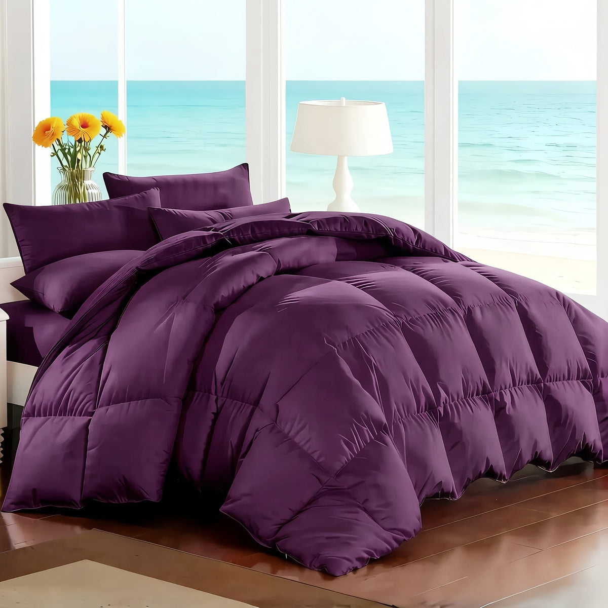 Ensemble de literie 7 pièces pour lit Queen/King – Parure de lit en microfibre douce à plis pincés, comprenant une couette, un drap-housse, un drap plat et 4 taies d'oreiller, ensemble de literie toutes saisons pour la maison et le dortoir